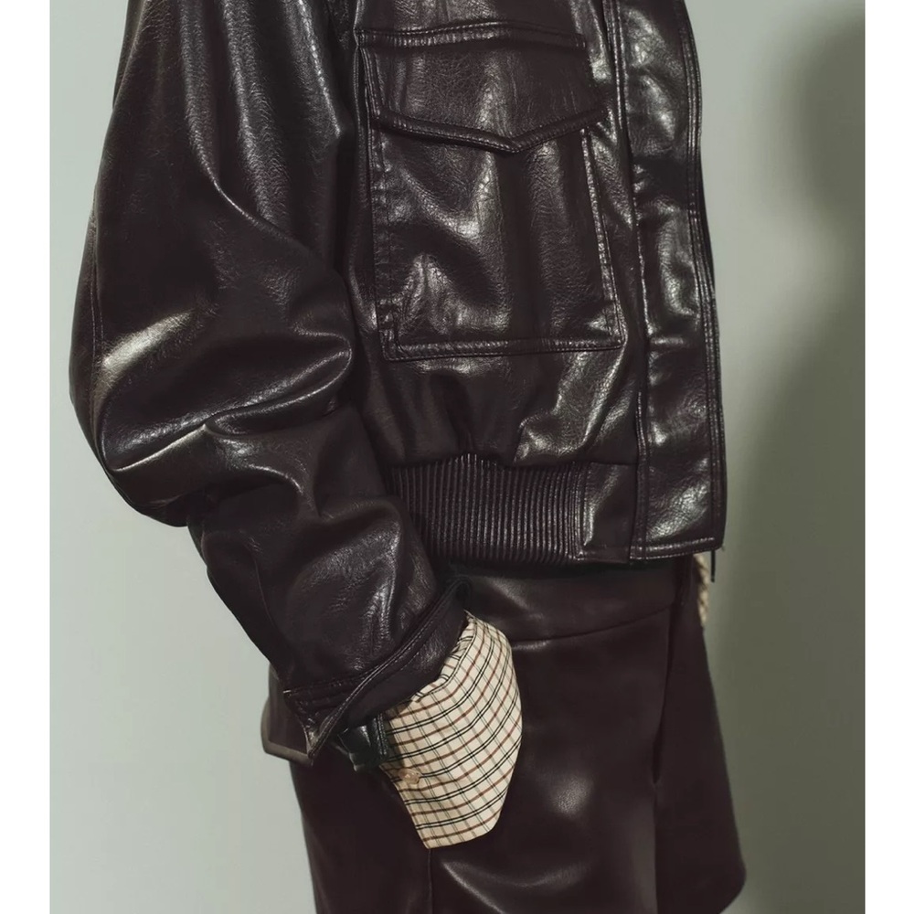 Zara Brown Faux Leather Bomber Jacket - Picture 6 of 9